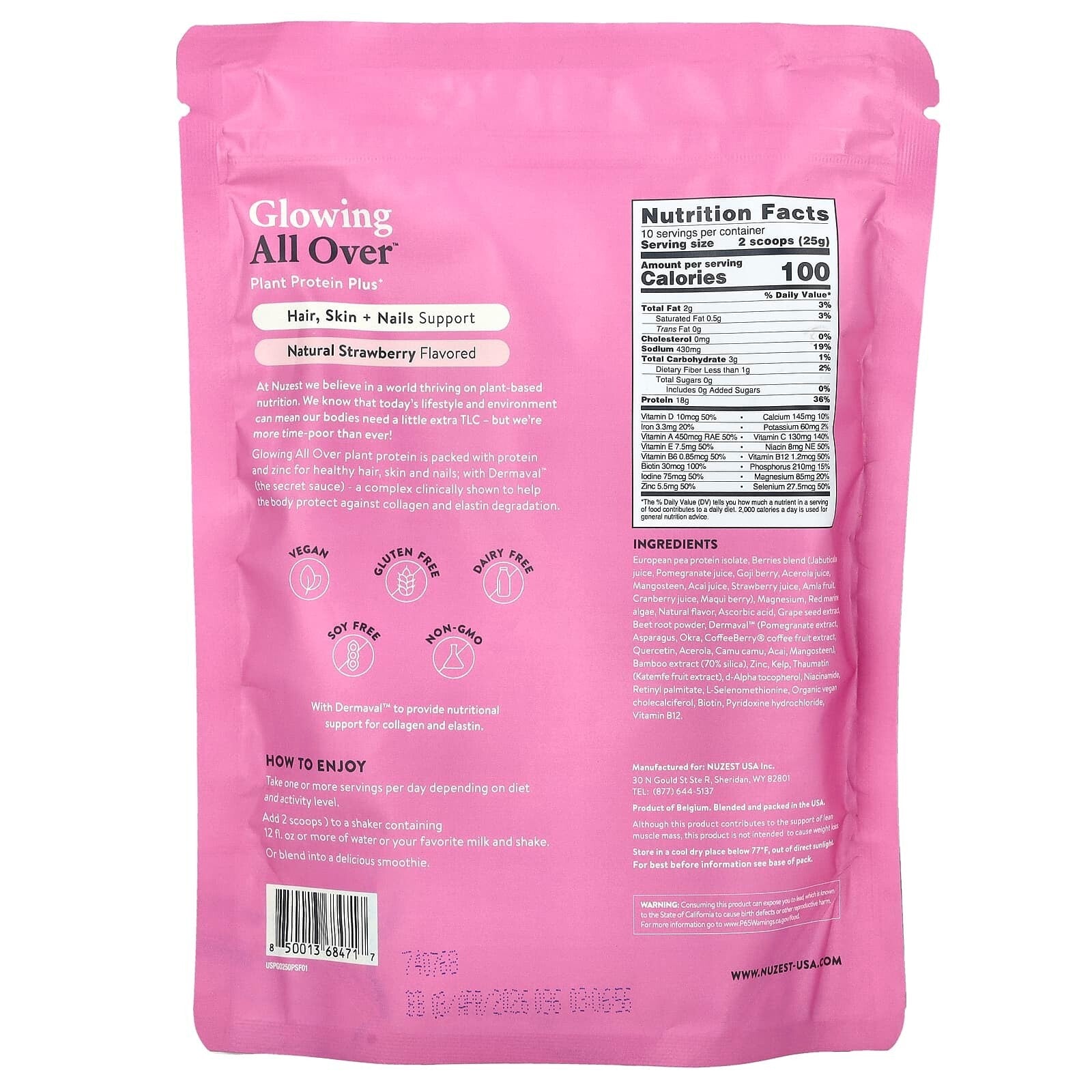 Nuzest Glowing All Over, Plant Protein Plus+, Natural Strawberry Powder 250g