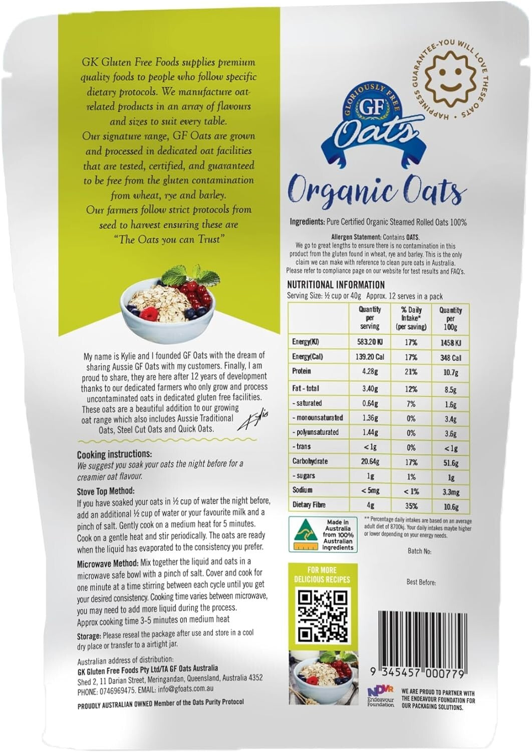 Gloriously Free Organic Uncontaminated Oats 500g  Free Shipping