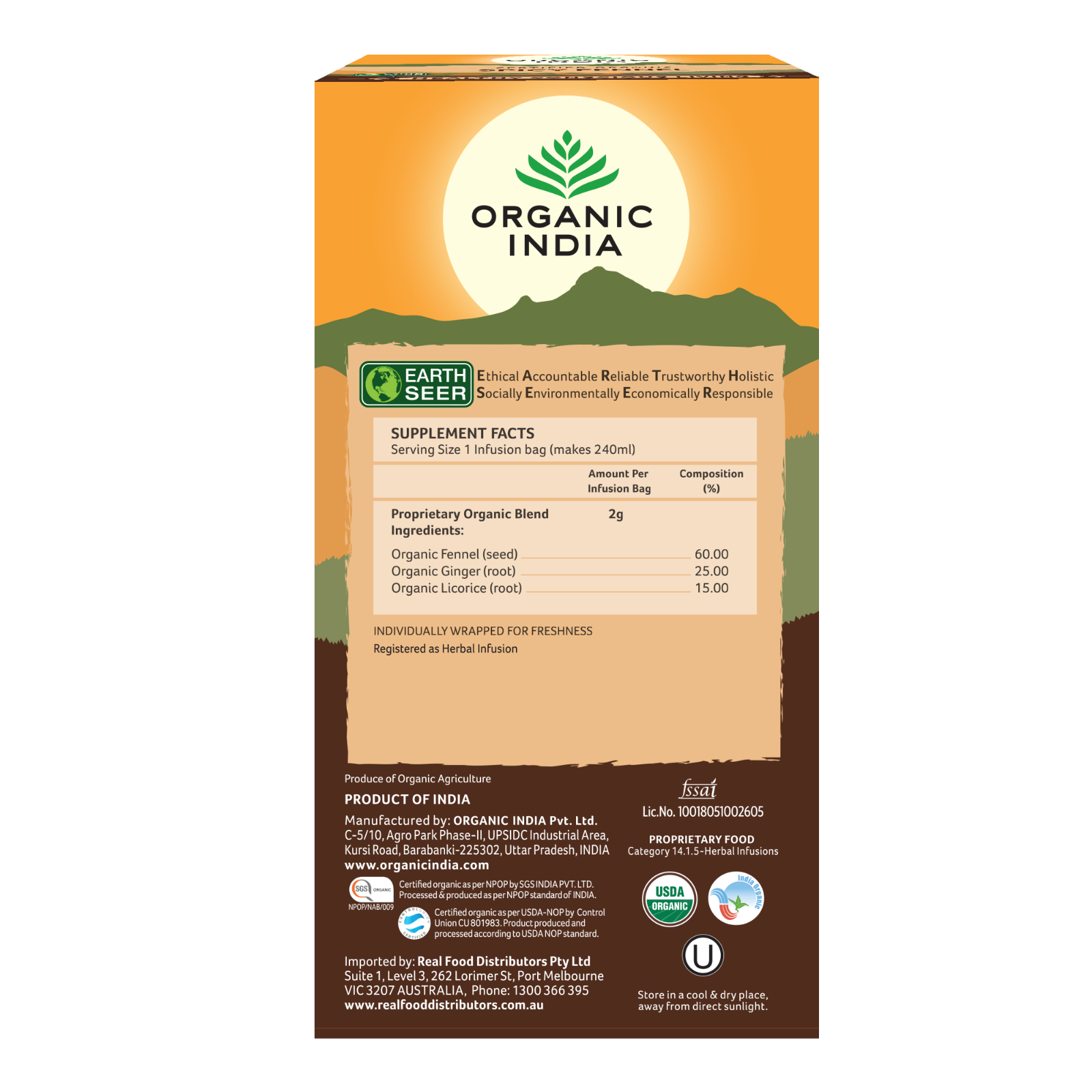 Organic India Spicy Fennel 25 Tea Bags - Pack of 5 FREE SHIPPING