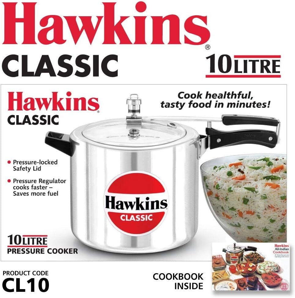 Hawkins Classic Pressure Cooker Wide, 10 Litre Capacity, Silver  Free Shipping
