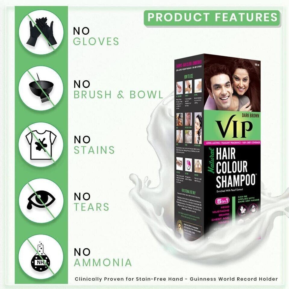 VIP HAIR COLOUR SHAMPOO | Dark Brown | For Men & Women - 180ml  Free Shipping