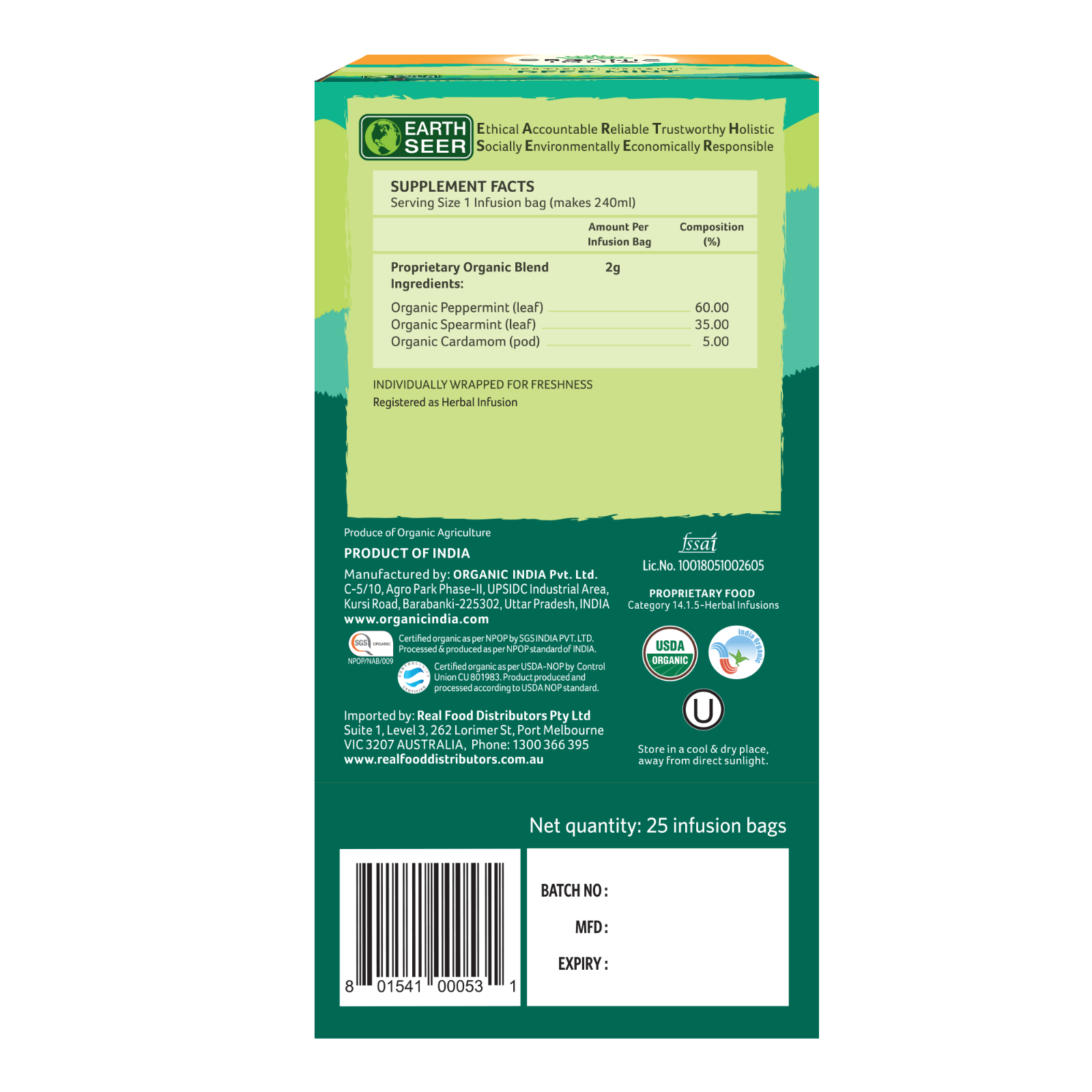 Organic India Deep Mint 25 Tea bags - Pack of 5 - FREE SHIPPING