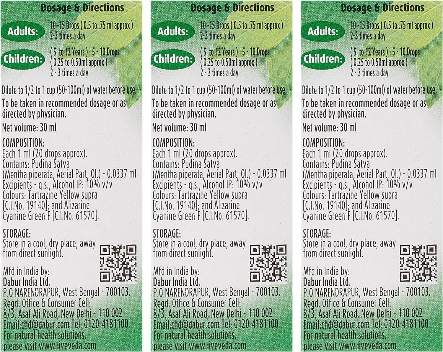 Dabur Pudin Hara 30 ml (Pack of 3)  Free Shipping