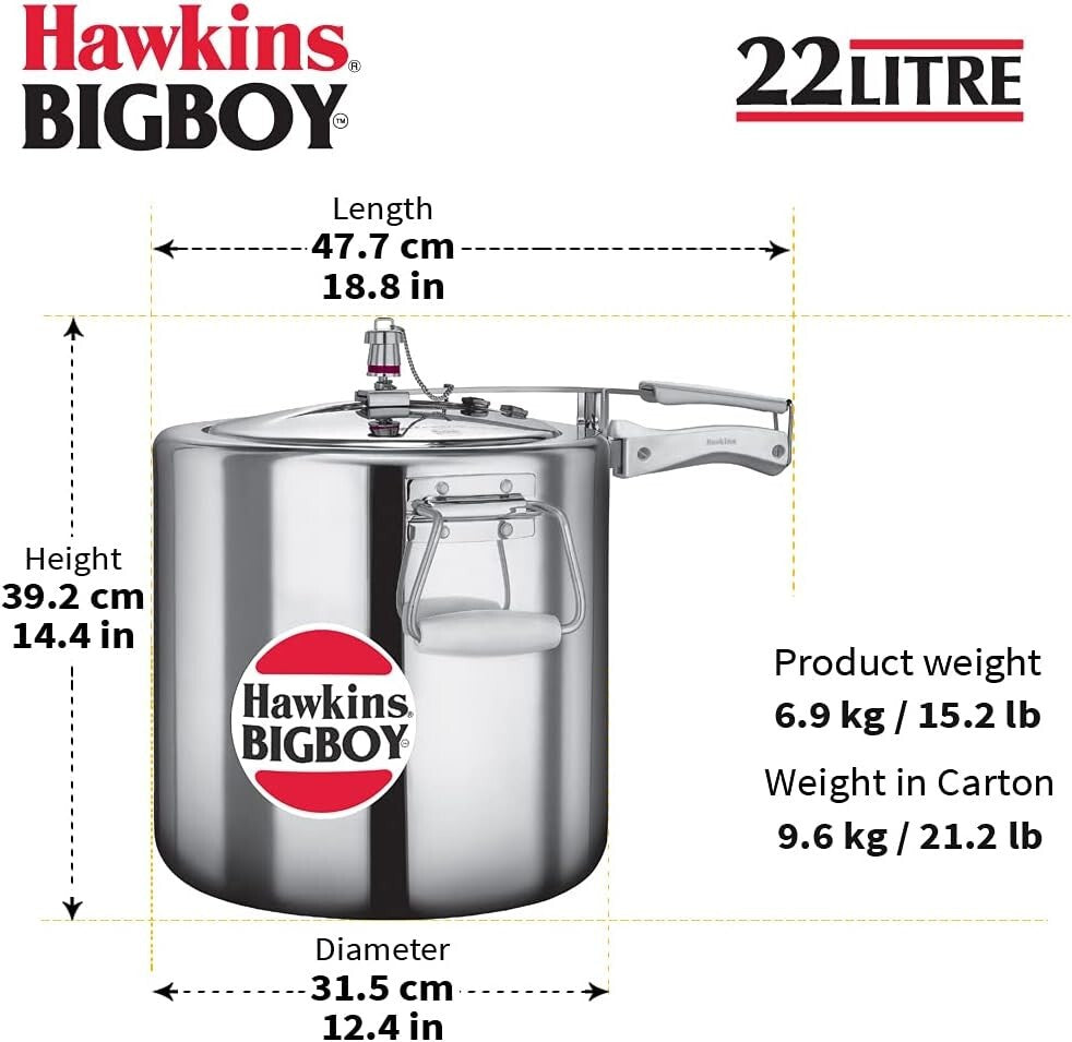 Hawkins Bigboy Aluminium Pressure Cooker, Silver 22 Litre  Free Shipping