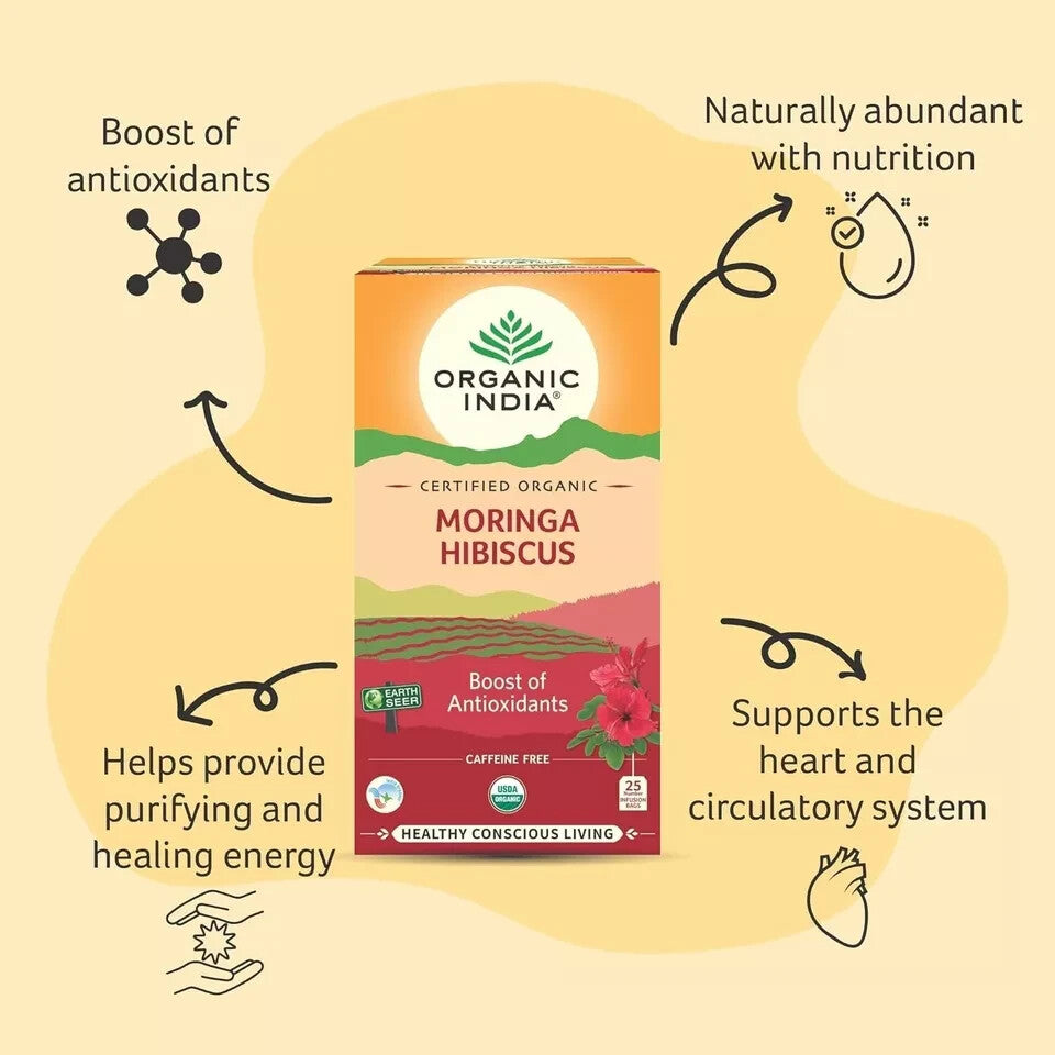 ORGANIC INDIA Moringa Hibiscus 25 Tea bags (Pack of 5)  Free Shipping