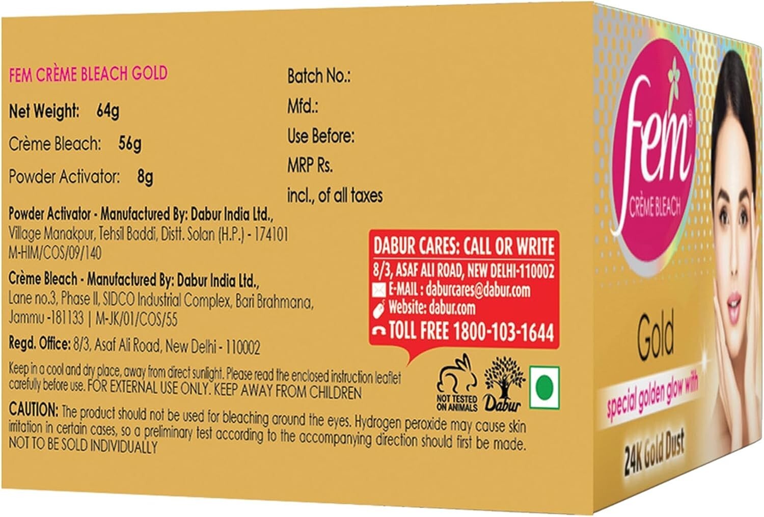 Fem Fairness Naturals Skin Bleach, Gold, 64 g  Free Shipping