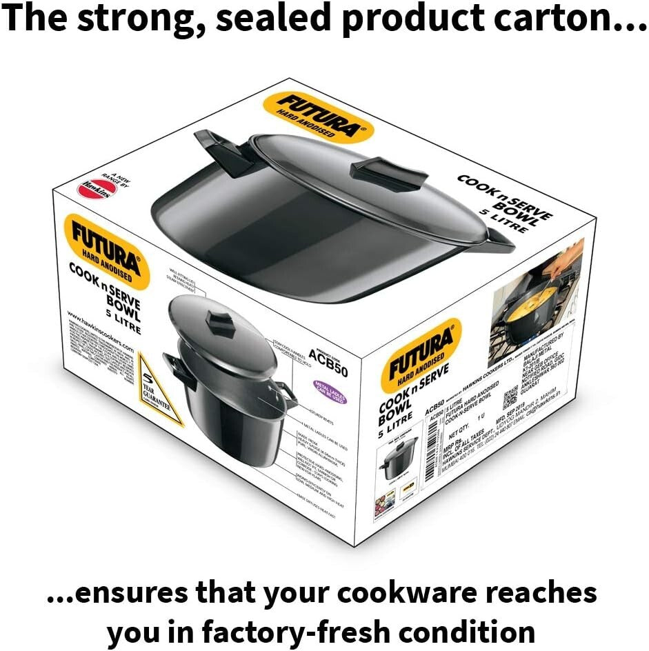 Hawkins Futura Hard Anodised Cook N Serve Bowl with Lid, 5 Litre Capacity