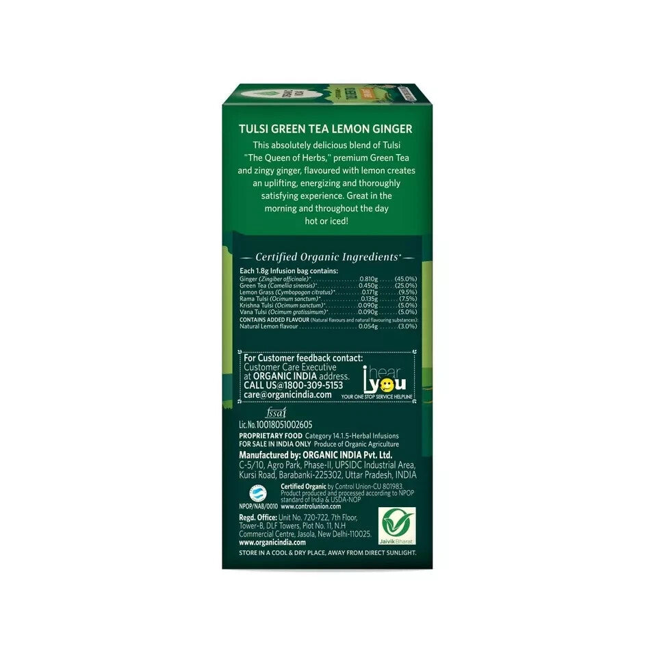 Organic India Tulsi Green Tea Lemon Ginger 25 Tea Bags - Pack of 5  Free Shippin