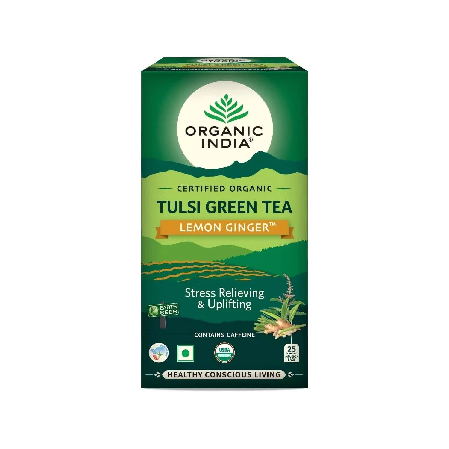 Organic India Tulsi Green Tea Lemon Ginger 25 Tea Bags - Pack of 5  Free Shippin