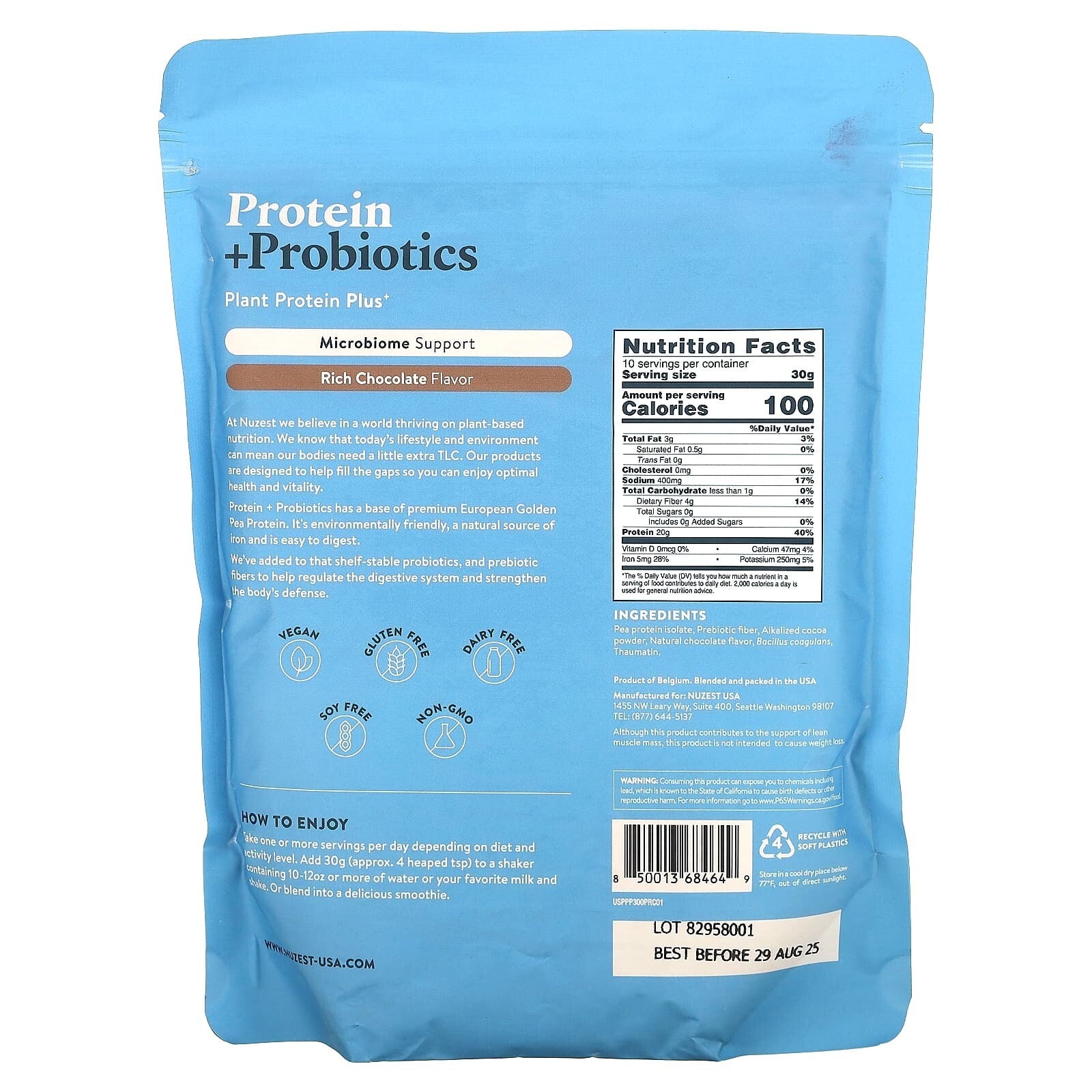 Nuzest Protein + Probiotics, Rich Chocolate Powder, 10.6 oz (300 g) Free shippin