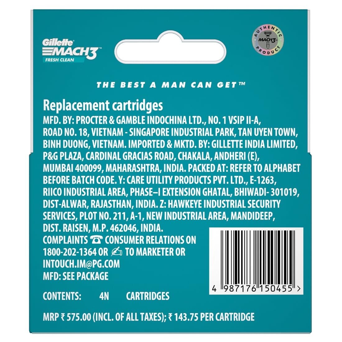 Gillette Mach 3 Manual Shaving Razor Blades - 4S Pack (Cartridge), Men 