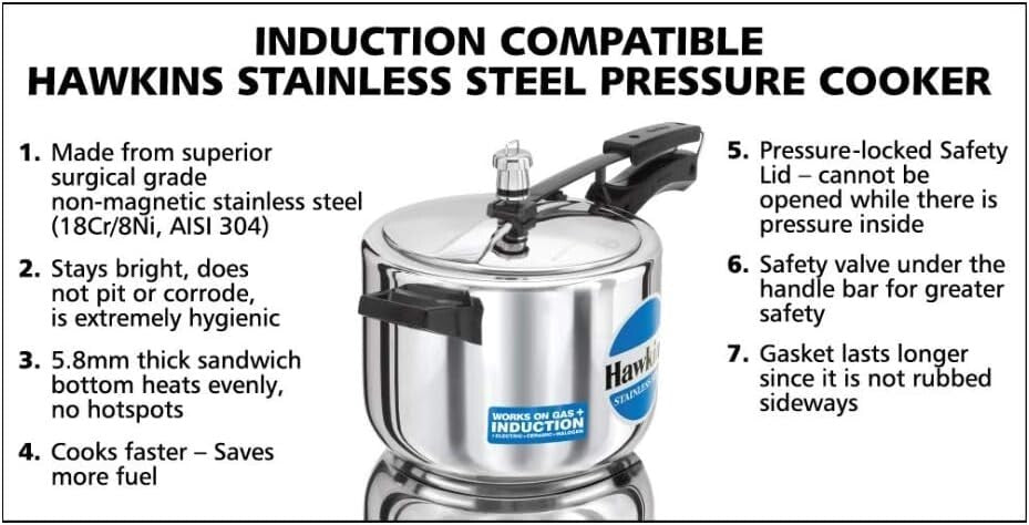 Hawkins Stainless Steel Induction Compatible Pressure Cooker, 5 Litre Capacity,