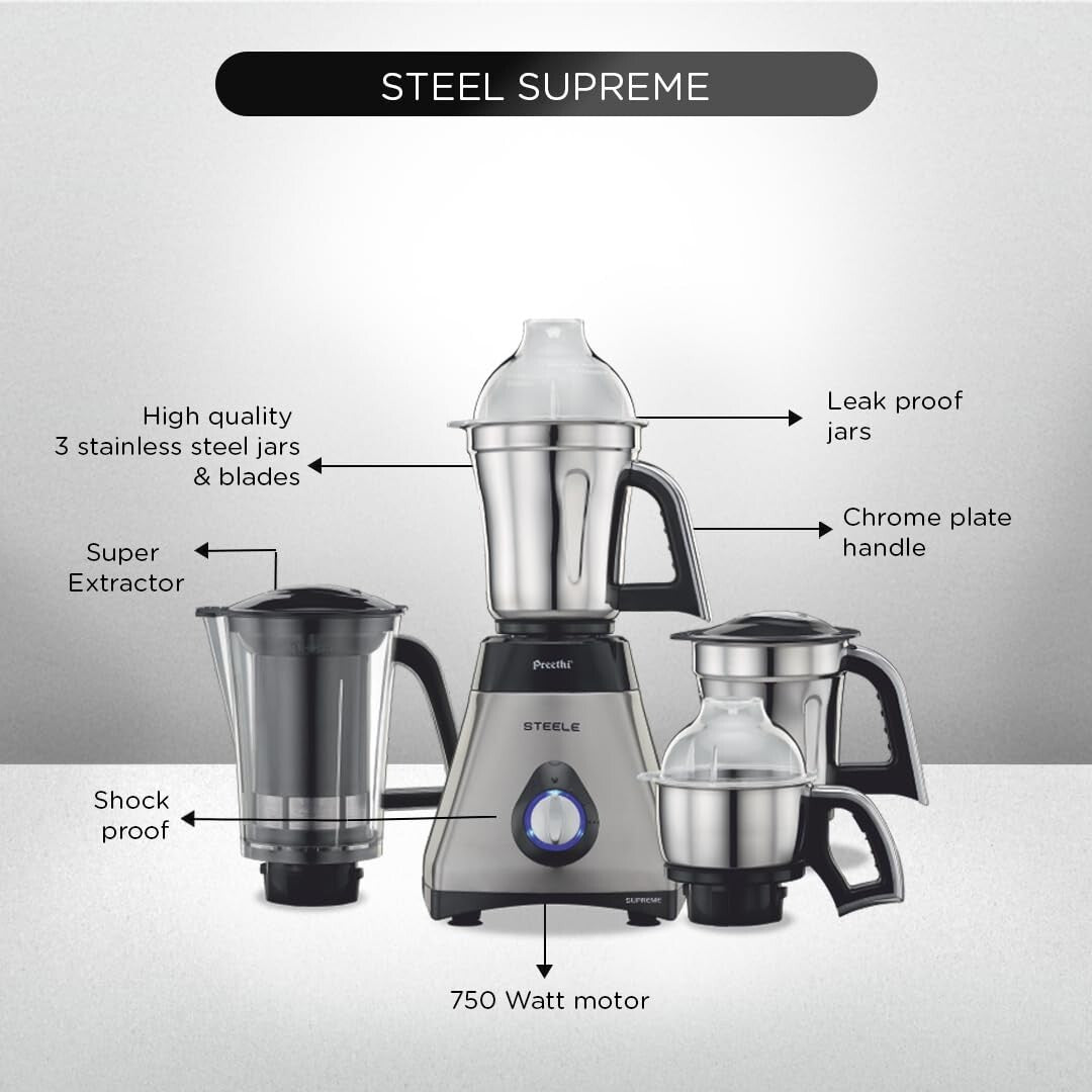 Preethi Steel Supreme MG-208 mixer grinder, 750-watt,4jar (Silver)  Free Shippin