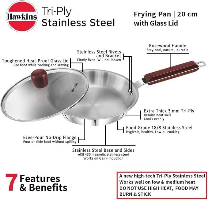 Hawkins Tri-Ply Stainless Steel Frying Pan with Glass Lid, 22 cm Diameter