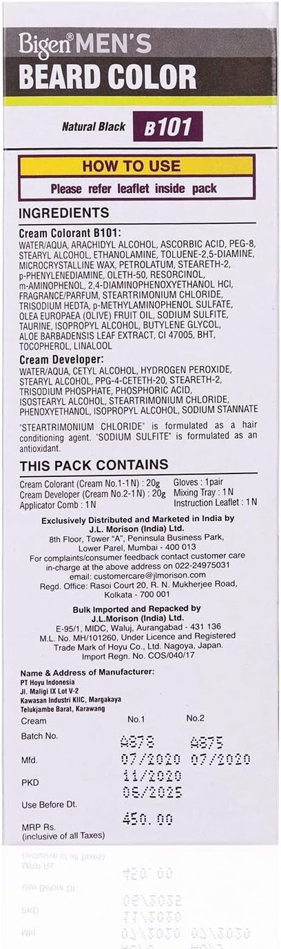 Bigen Men's Beard Color, (20g + 20g) Combo Offer Pack 2 Pc, B101 - Natural Black