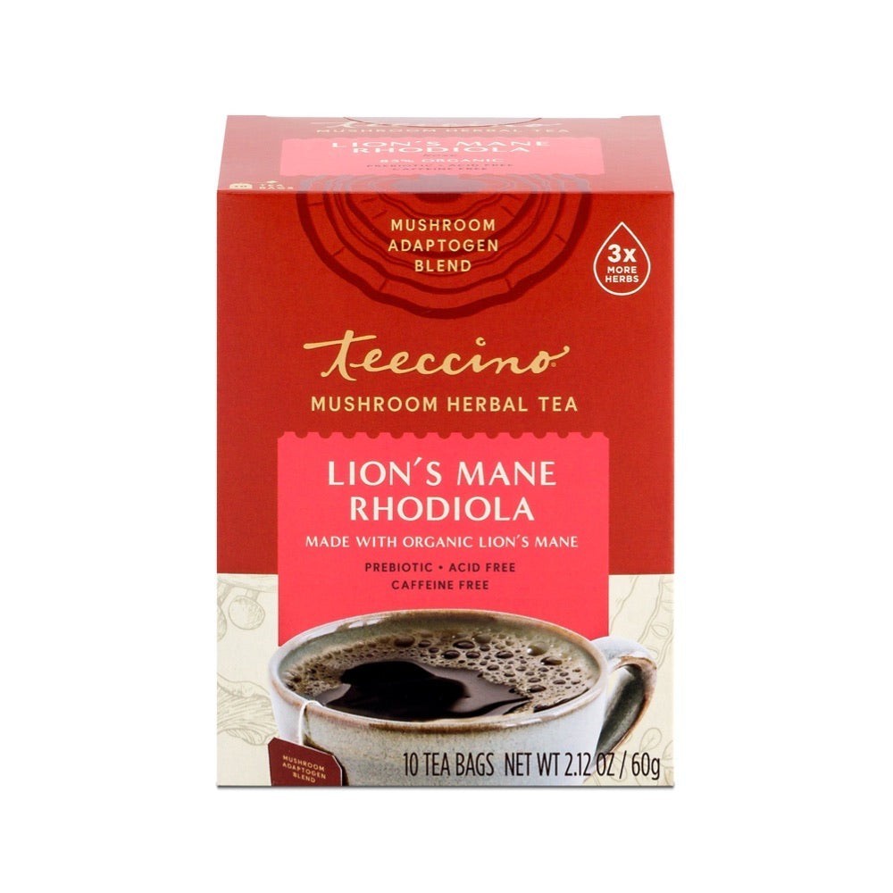 Teeccino Caffeine Free Lions Mane Rhodiola Mushroom Adaptogen 10 tea bags