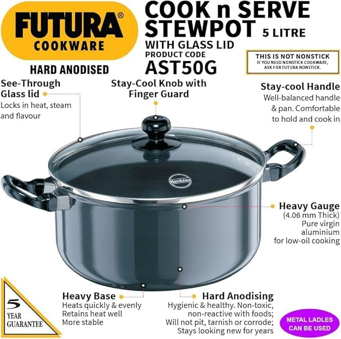 Hawkins Cook-N-Serve Hard Anodised Aluminium Stewpot with Glass Lid, 5 Litre Cap