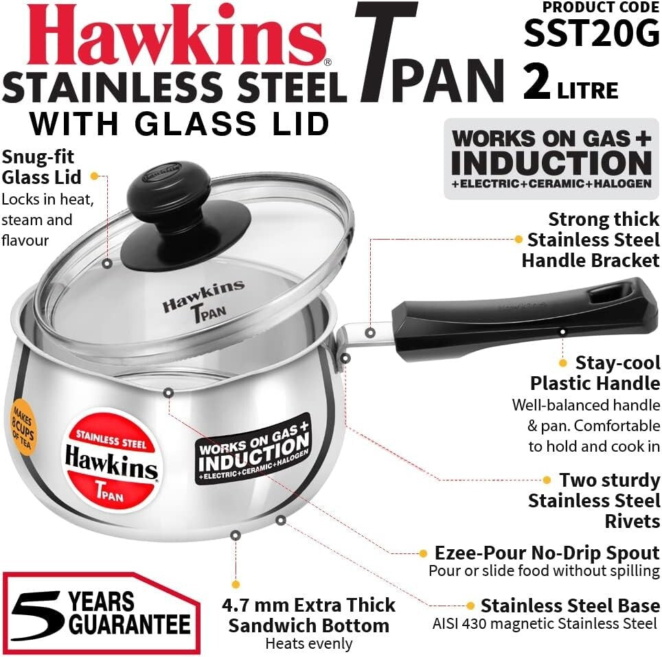Hawkins Futura Steel Tea Pan with Glass Lid, 2.0 Litre Capactiy, Silver