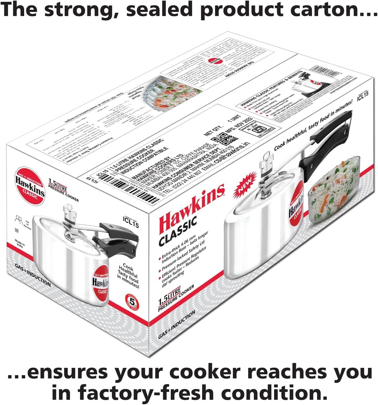 Hawkins Classic 1.5 Liter inner lid aluminum pressure cooker, induction cooker