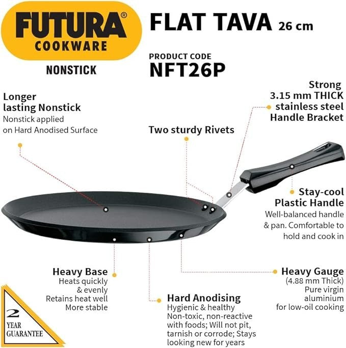 Hawkins Futura Non-Stick Flat Tava with Plastic Handle, 26 cm Diameter FREE SHIP