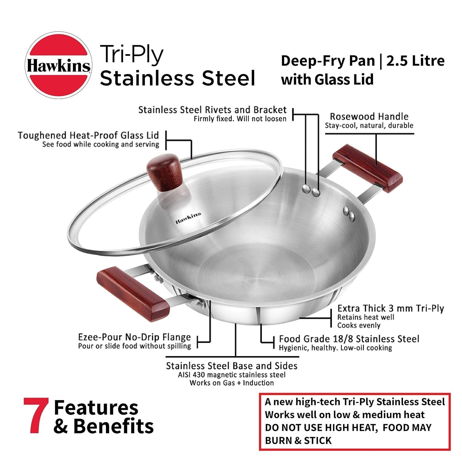 Hawkins Futura Stainless Steel Deep Fry Pan with Steel Lid, 2.5 Litre Capactiy