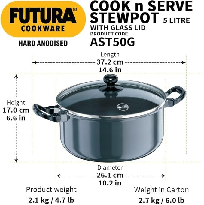 Hawkins Cook-N-Serve Hard Anodised Aluminium Stewpot with Glass Lid, 5 Litre Cap