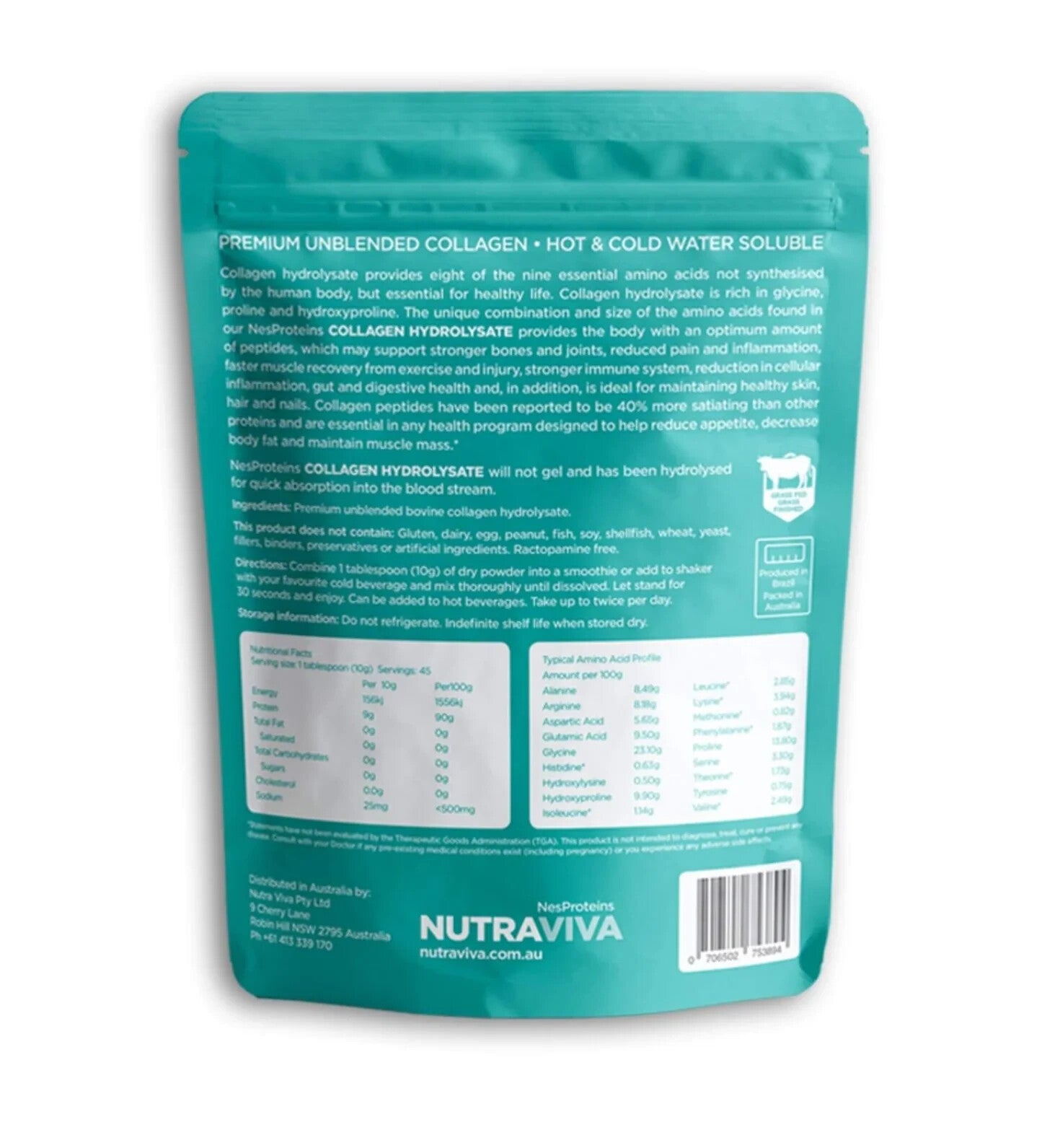 Nutraviva Collagen Hydrolysate Grass Fed 450g  Free Shipping