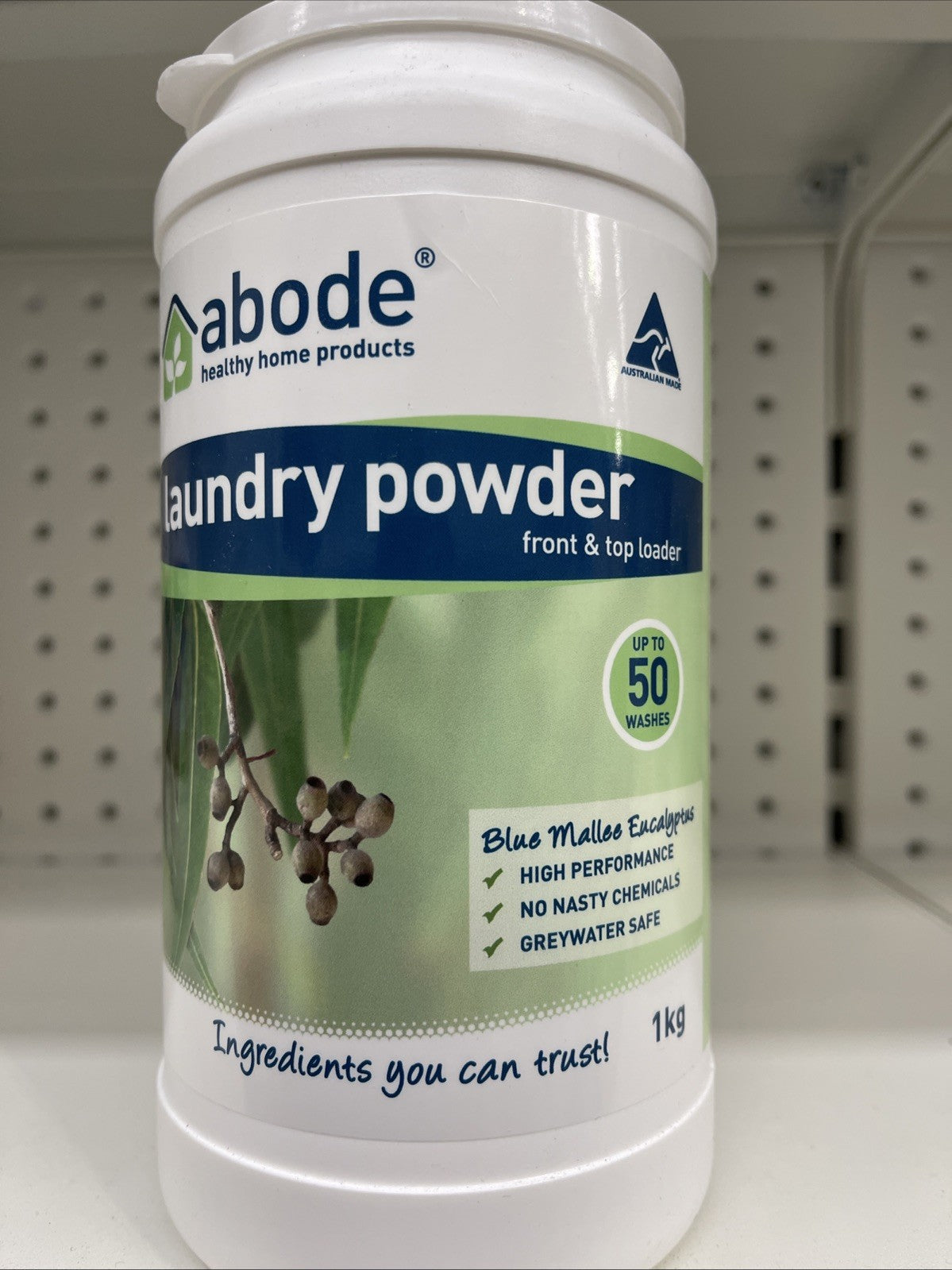 ^ Abode Laundry Powder Front & Top Loader Blue Mallee Eucalyptus 1kg