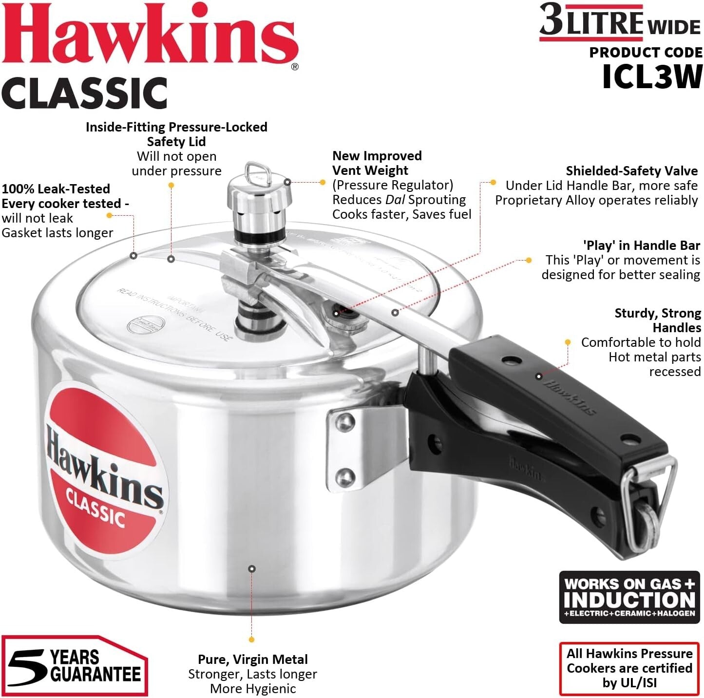 Hawkins Classic Induction Compatible Wide Pressure Cooker, 3 Litre Capacity