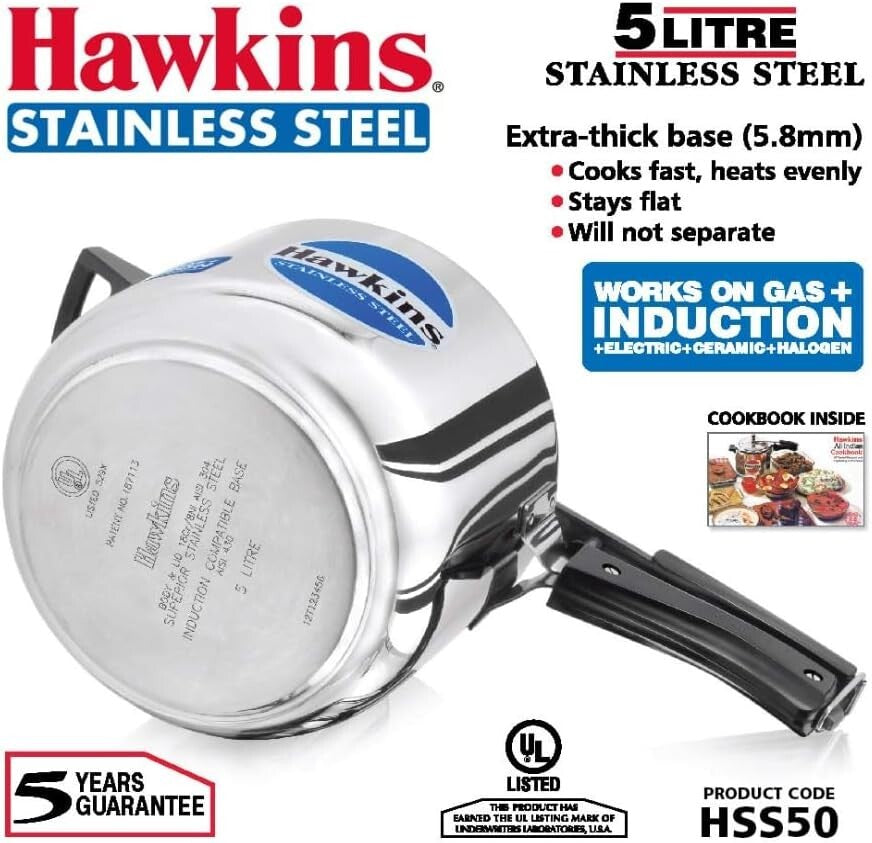 Hawkins Stainless Steel Induction Compatible Pressure Cooker, 5 Litre Capacity,
