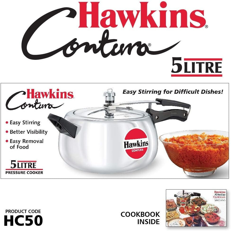 Hawkins Contura Pressure Cooker, 5 Litre Capacity Kitchen Cookware, Silver