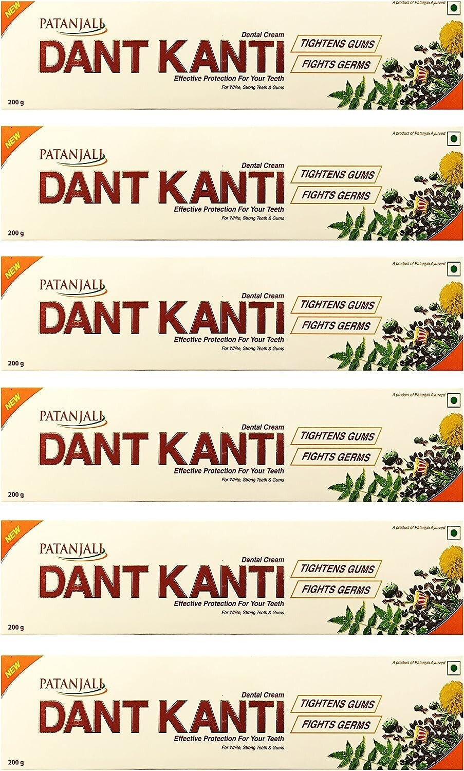 Patanjali Dant Kanti Toothpaste 200 Grams (7 Ounces) Pack of 6  Free Shipping