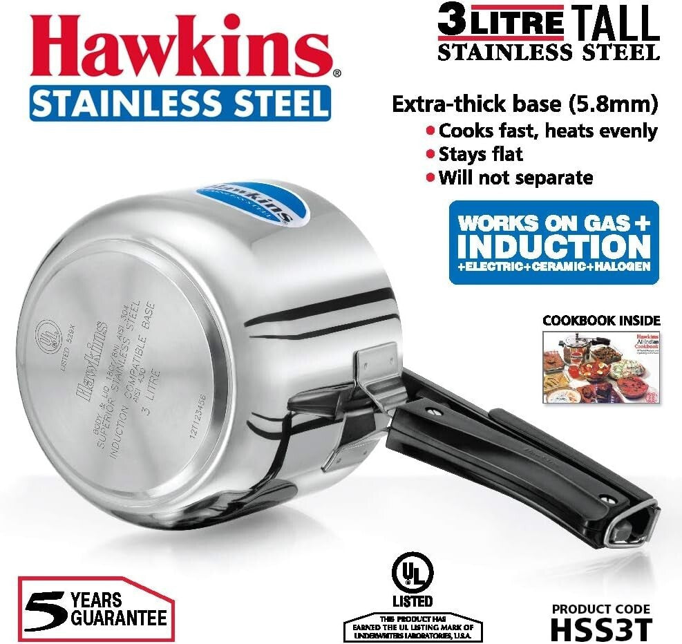Hawkins Stainless Steel Tall Pressure Cooker, 3 Litre Capacity  Free Shipping
