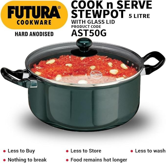 Hawkins Cook-N-Serve Hard Anodised Aluminium Stewpot with Glass Lid, 5 Litre Cap