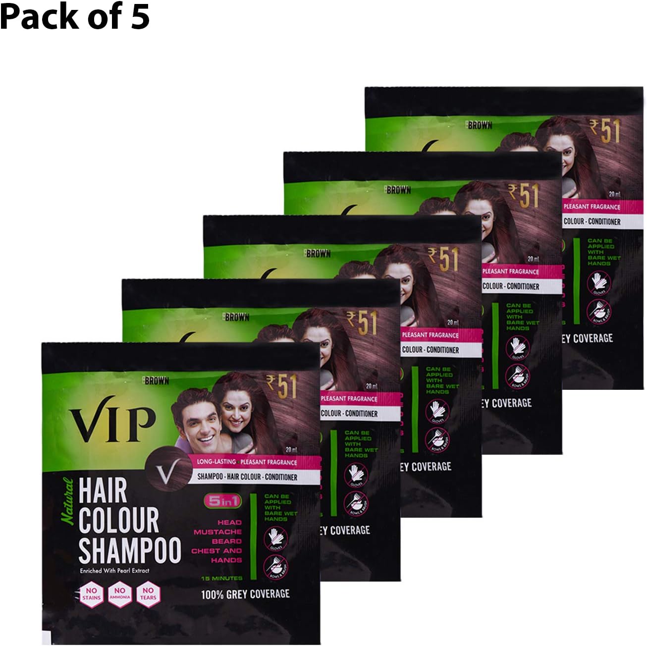VIP Hair Colour Shampoo, Brown 20ml PACK OF 5