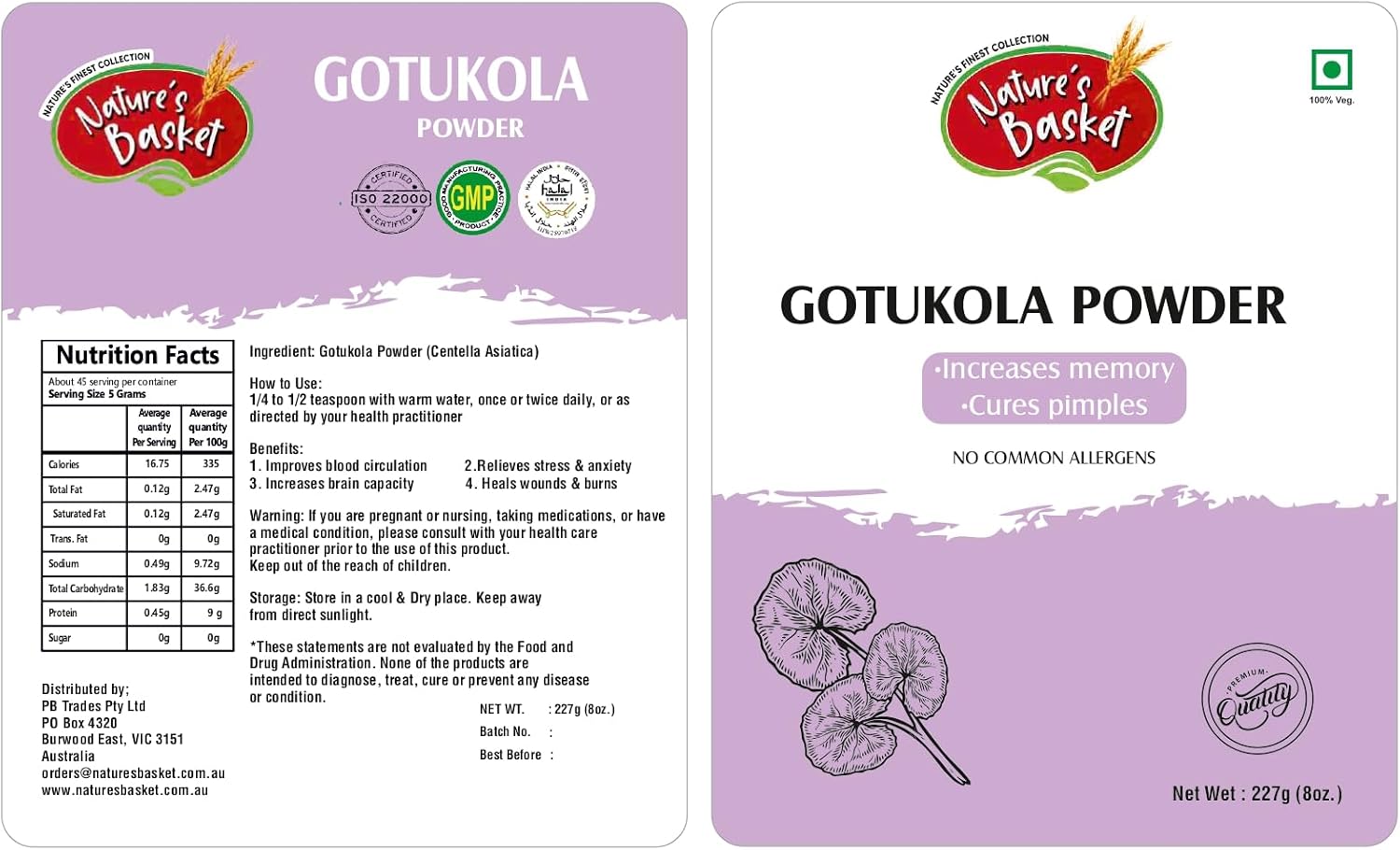 Nature's Basket Gotu Kola (Centella asiatica) Powder - 227 Grams Vegan, Non GMO