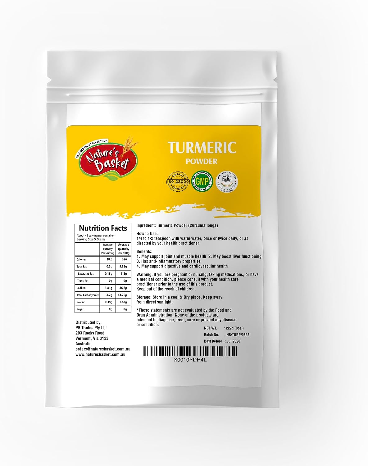 Nature's Basket Turmeric (Curcuma Longa) Black Pepper (Piper Nigrum) Powder - 227 Grams