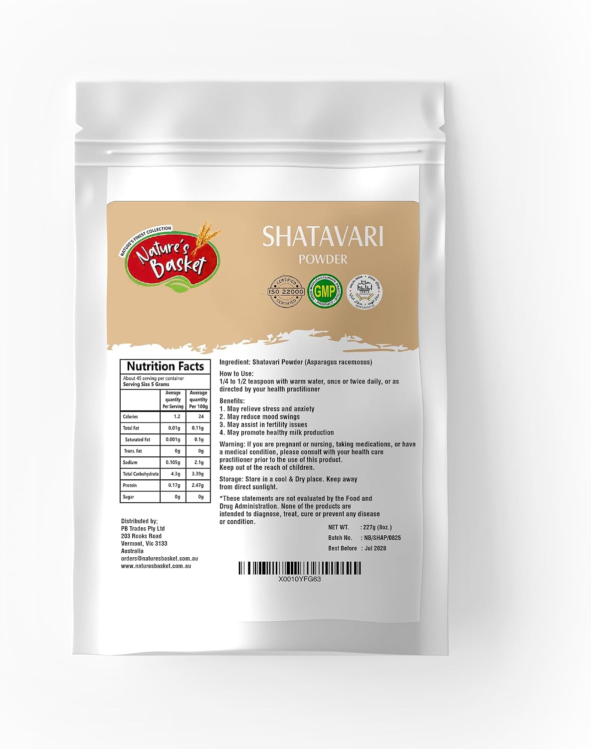 Nature's Basket Shatavari (Asparagus Racemosus) Powder, (227g)