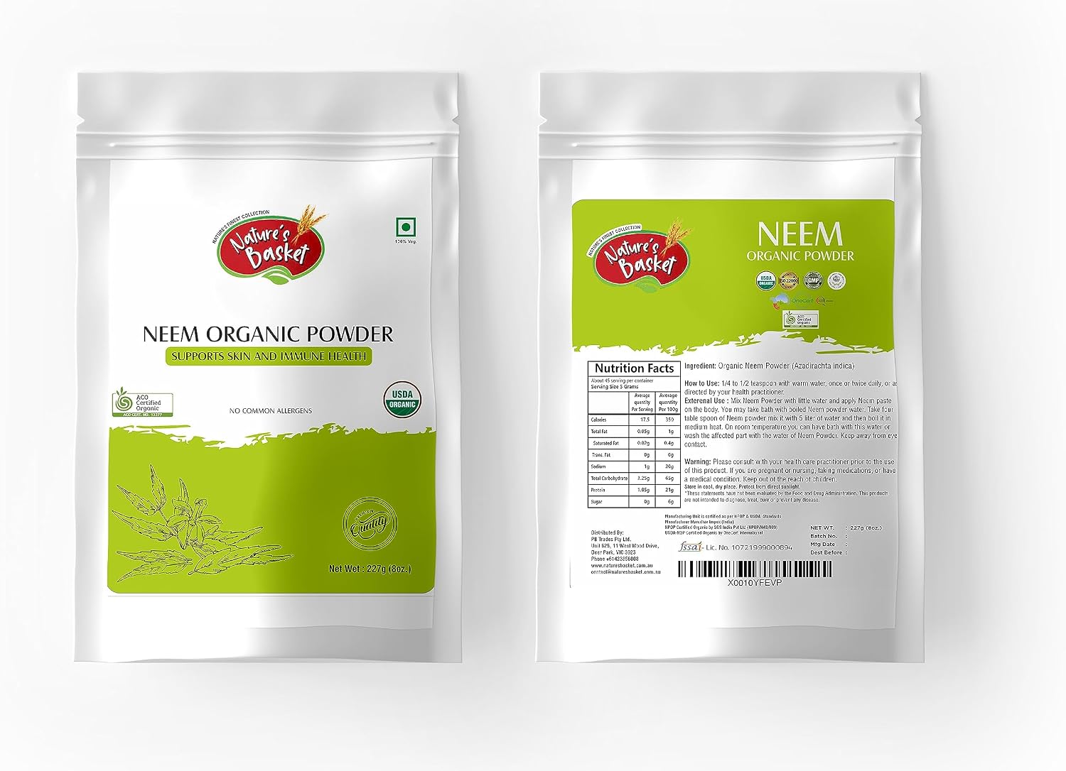 Nature's Basket Neem (Azadirachta Indica) Powder | Promotes Healthy Skin, Boosts Immune System and Aids in Digestion - 227 Grams